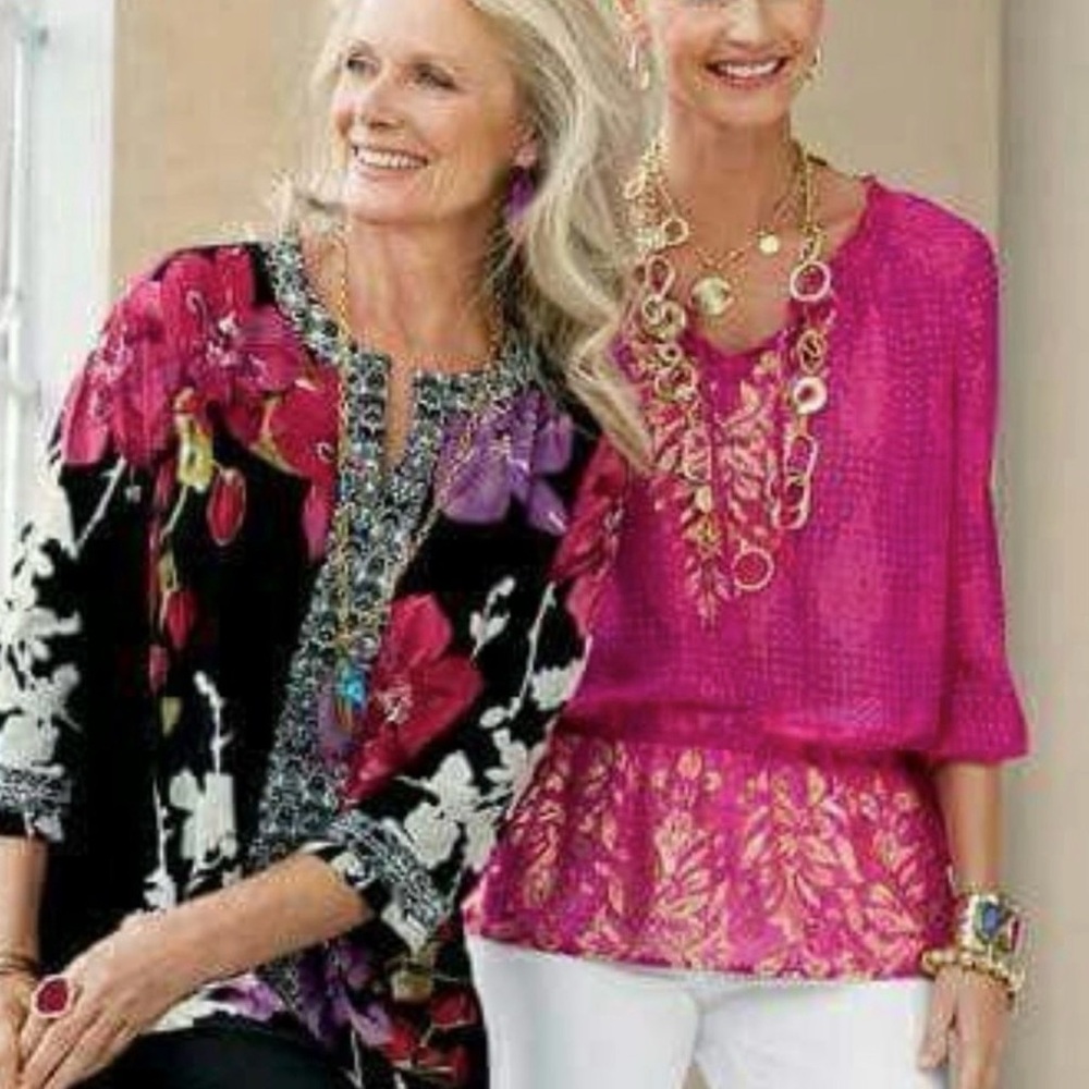 Chico’s Damask Shimmer‎ Lacy Top 1 M Medium 3/4 Sleeve Bengali Pink Gold Sheer - Picture 4 of 7